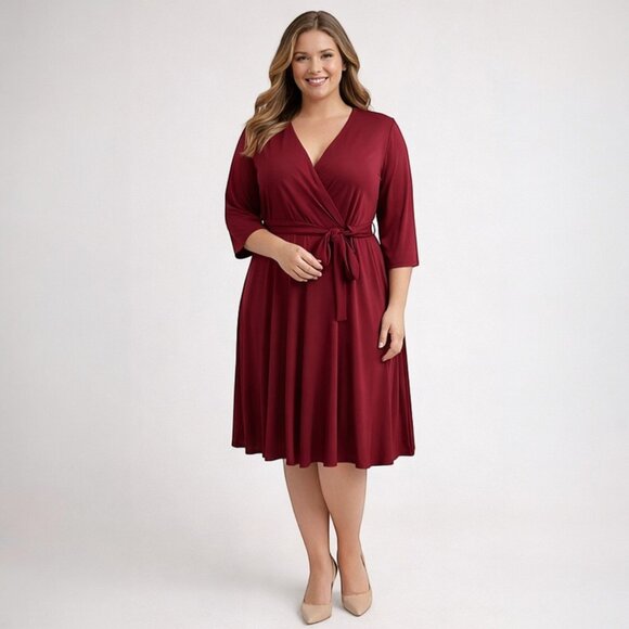 Dresses & Skirts - Flattering Burgundy Faux Wrap V-Neck Pleated Dress XL Self Tie Belt